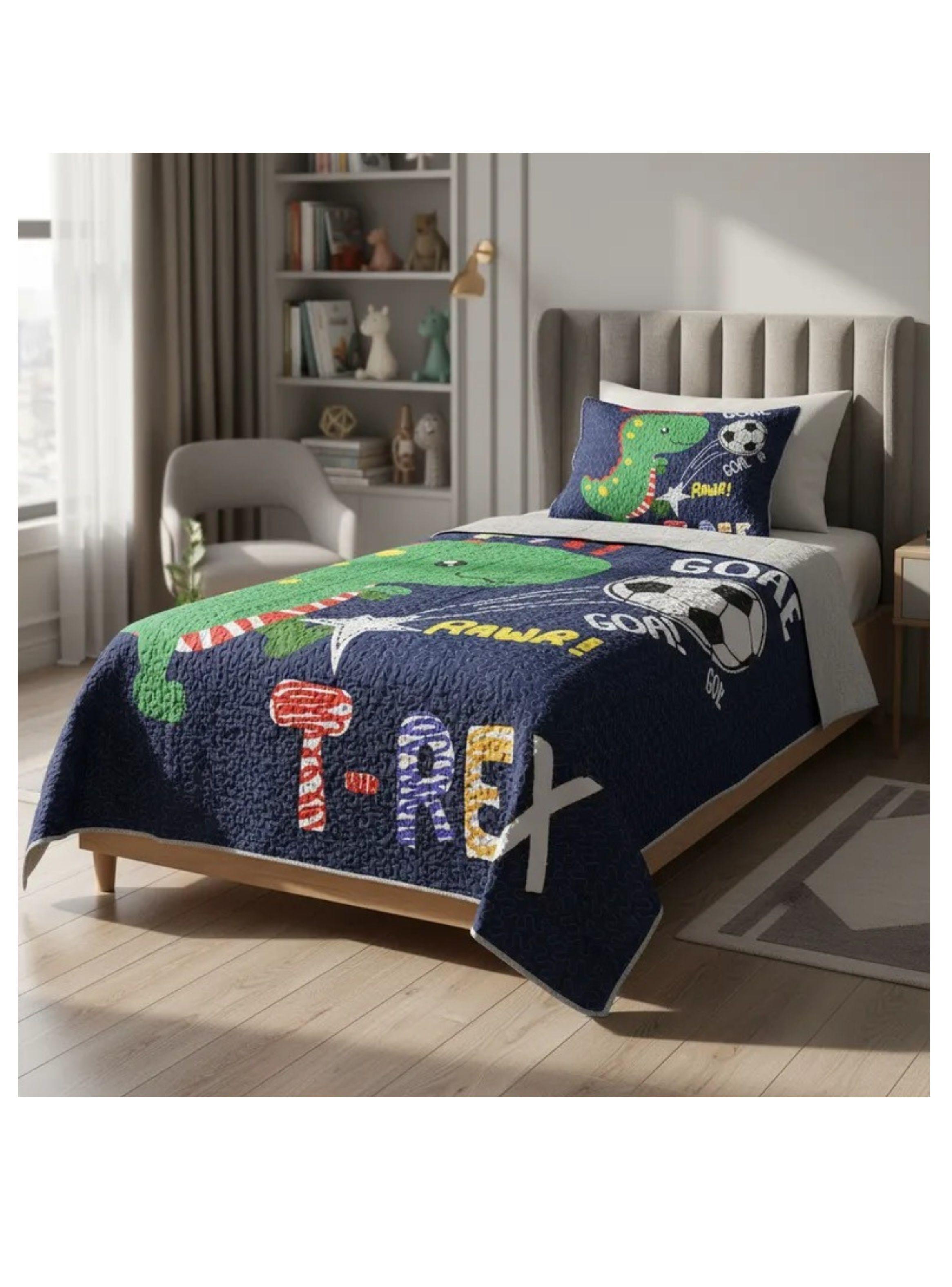 CUBRECAMA DE NIÑO AZUL DINO SOCCER T-REX ALGODON QUILT VERANO 1.5 PLAZA DN-2