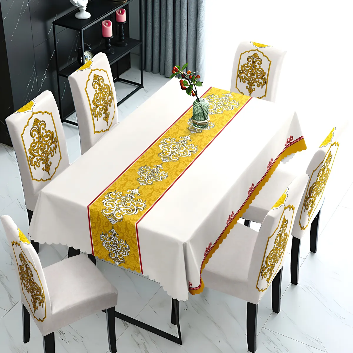 Mantel Rectangular 1.5x2.3 Mas 6 Fundas De Sillas W.m G Z Blanco Marfil Con Diseño-2