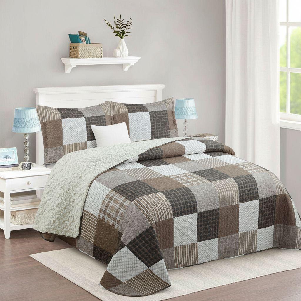 Cubrecama Quilt Sherpa 2pl - Varios Modelos W.m G Café Chocolate Gris Y Beig Cuadros Tipo Patchwork-3