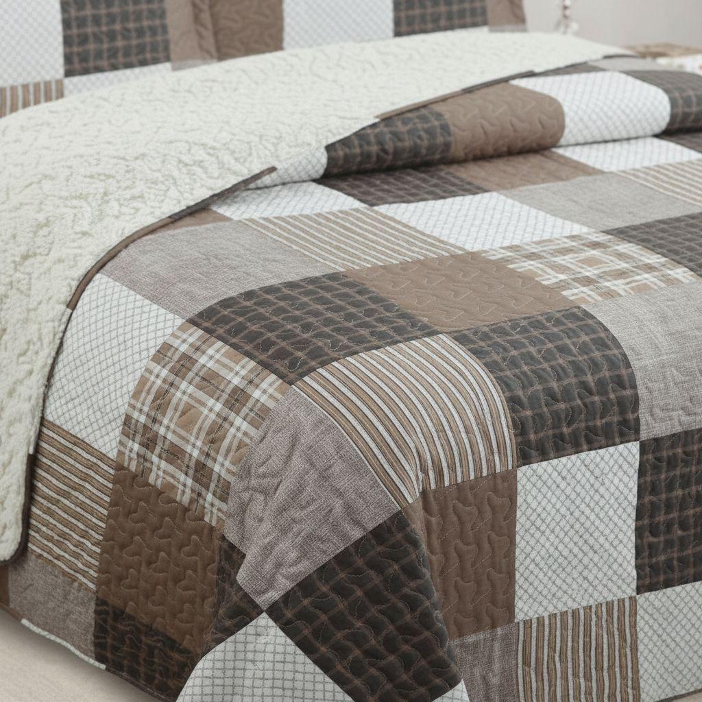 Cubrecama Quilt Sherpa 2pl - Varios Modelos W.m G Café Chocolate Gris Y Beig Cuadros Tipo Patchwork-4