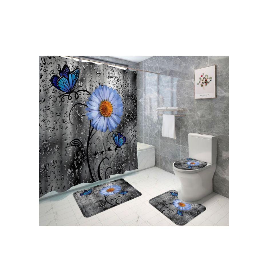 Juego de Baño 4 Piezas – Flor Azul y Mariposas-1