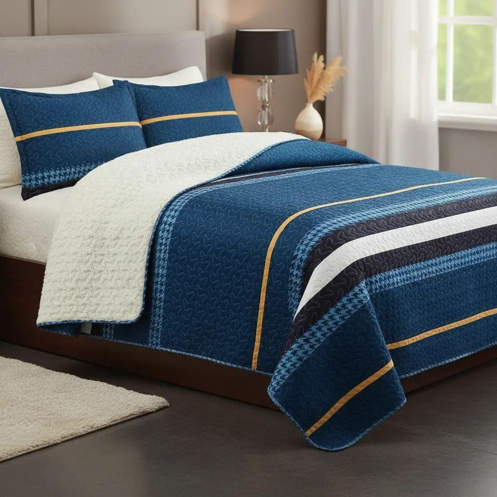Cubrecama Quilt Sherpa 2pl - Varios Modelos W.m G Azul Petróleo Blanco Y Negro Líneas Horizontales-0