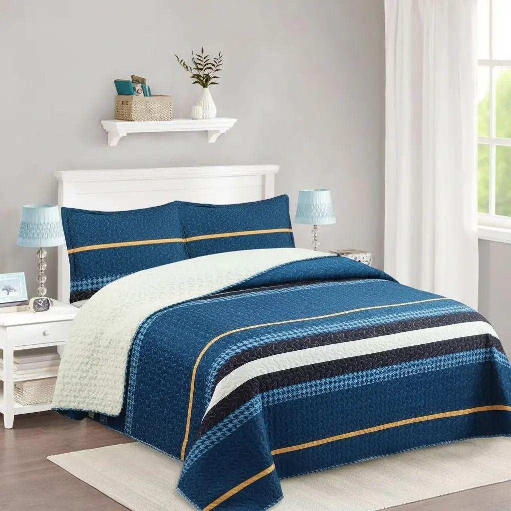 Cubrecama Quilt Sherpa 2pl - Varios Modelos W.m G Azul Petróleo Blanco Y Negro Líneas Horizontales-1