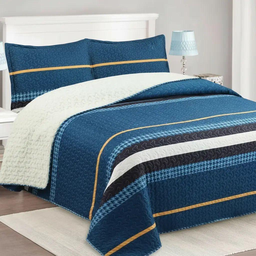 Cubrecama Quilt Sherpa 2pl - Varios Modelos W.m G Azul Petróleo Blanco Y Negro Líneas Horizontales-2