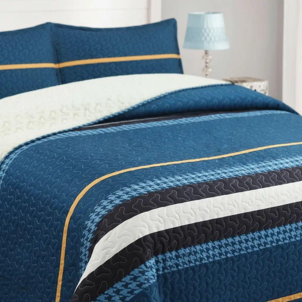 Cubrecama Quilt Sherpa 2pl - Varios Modelos W.m G Azul Petróleo Blanco Y Negro Líneas Horizontales-4