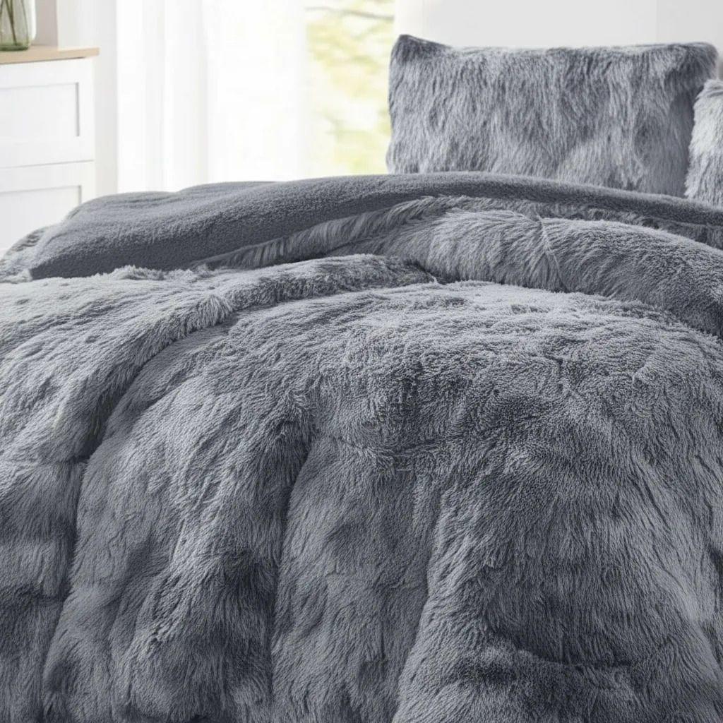 Plumon De Invierno Peludos Con Chiporro 2 Plazas Gris Jaspeado Peludo.-2