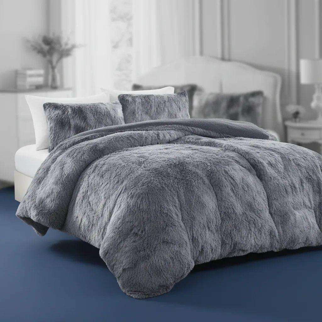 Plumon De Invierno Peludos Con Chiporro 2 Plazas Gris Jaspeado Peludo.-4