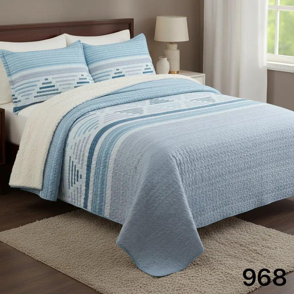 Cubrecama Quilt Sherpa 2pl - Varios Modelos W.m G Celeste Azul Y Blanco. Diseño A Franjas -1