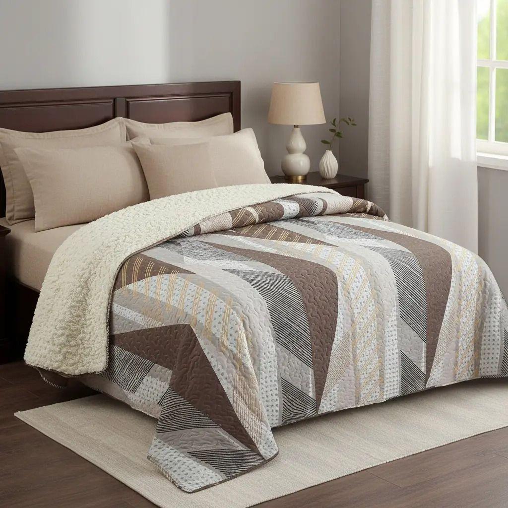 Cubrecama Quilt Sherpa 2pl - Varios Modelos W.m G Café Beige Y Gris. Diseño Geométrico Moderno En Tonos Tierra-0