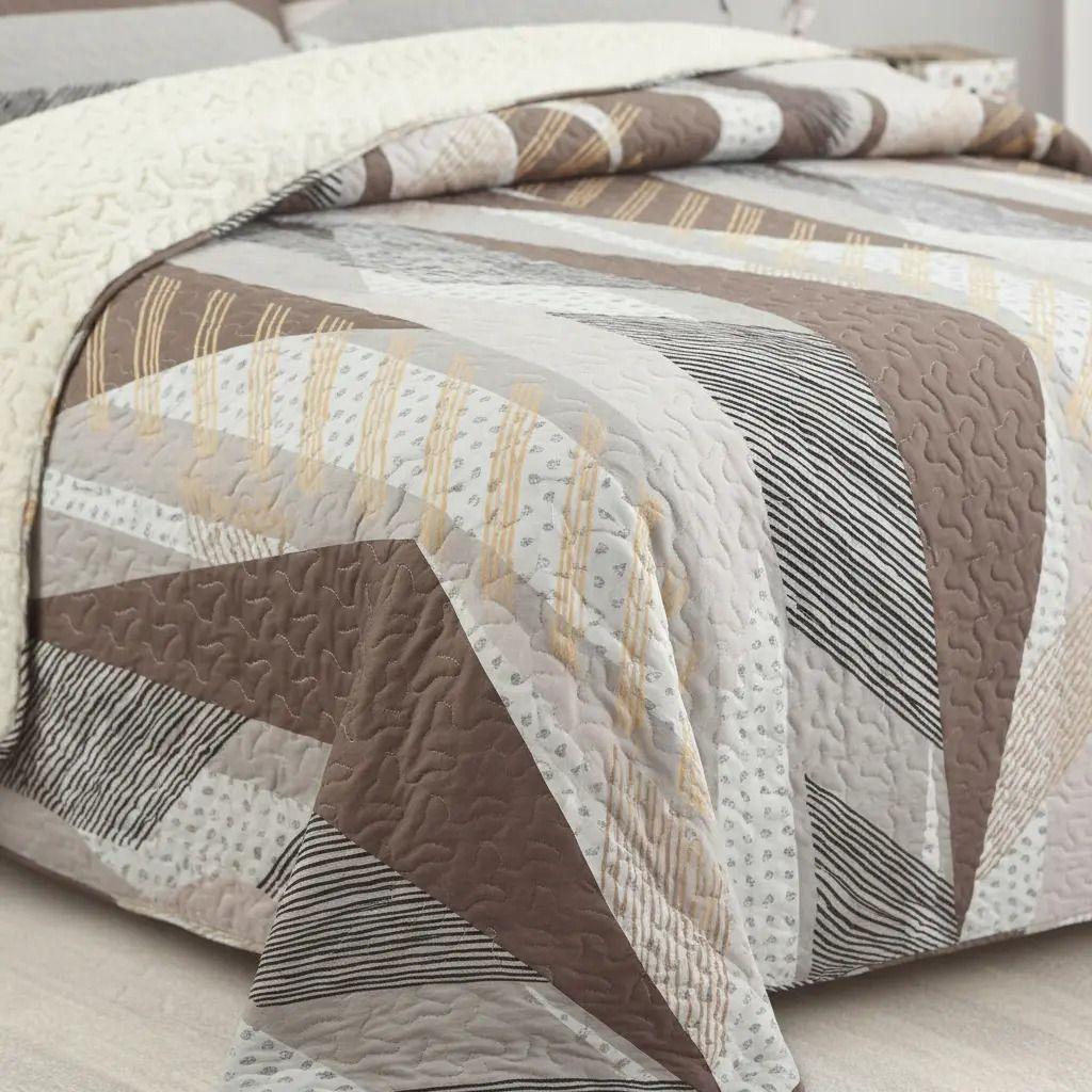 Cubrecama Quilt Sherpa 2pl - Varios Modelos W.m G Café Beige Y Gris. Diseño Geométrico Moderno En Tonos Tierra-4