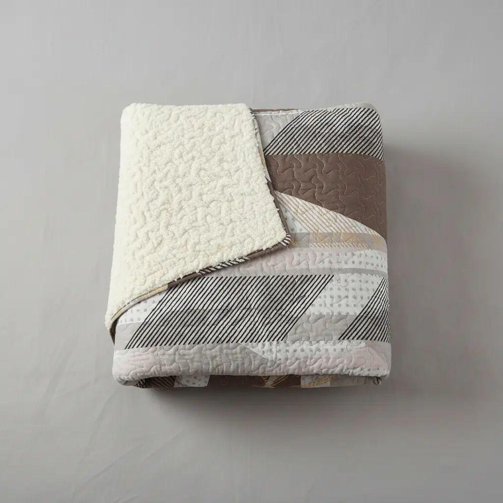 Cubrecama Quilt Sherpa 2pl - Varios Modelos W.m G Café Beige Y Gris. Diseño Geométrico Moderno En Tonos Tierra-5
