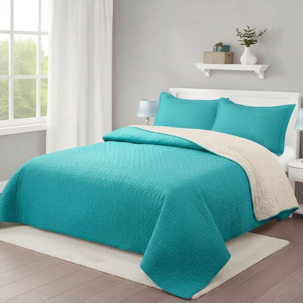 Cubrecama Quilt Sherpa 2pl - Varios Modelos W.m G Turquesa Sólido Moderno Y Minimalista-3