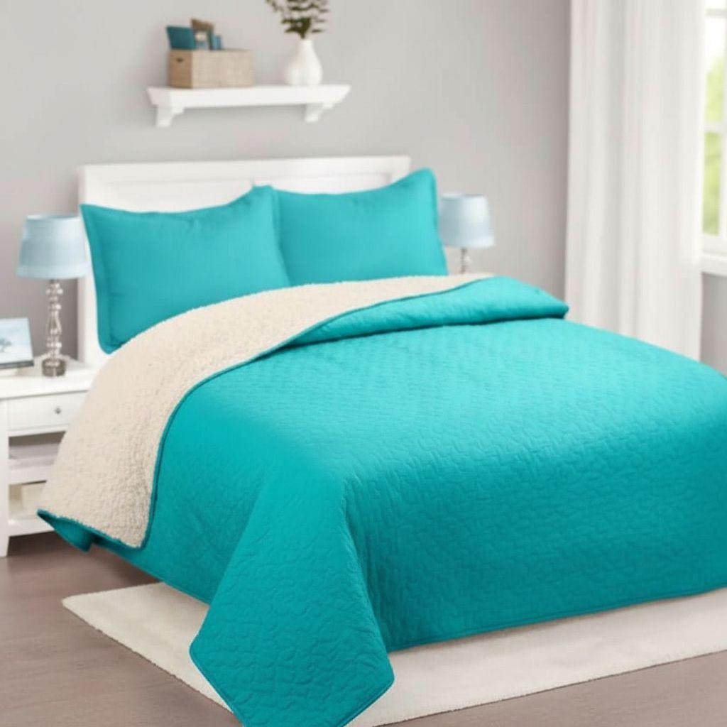 Cubrecama Quilt Sherpa 2pl - Varios Modelos W.m G Turquesa Sólido Moderno Y Minimalista-4