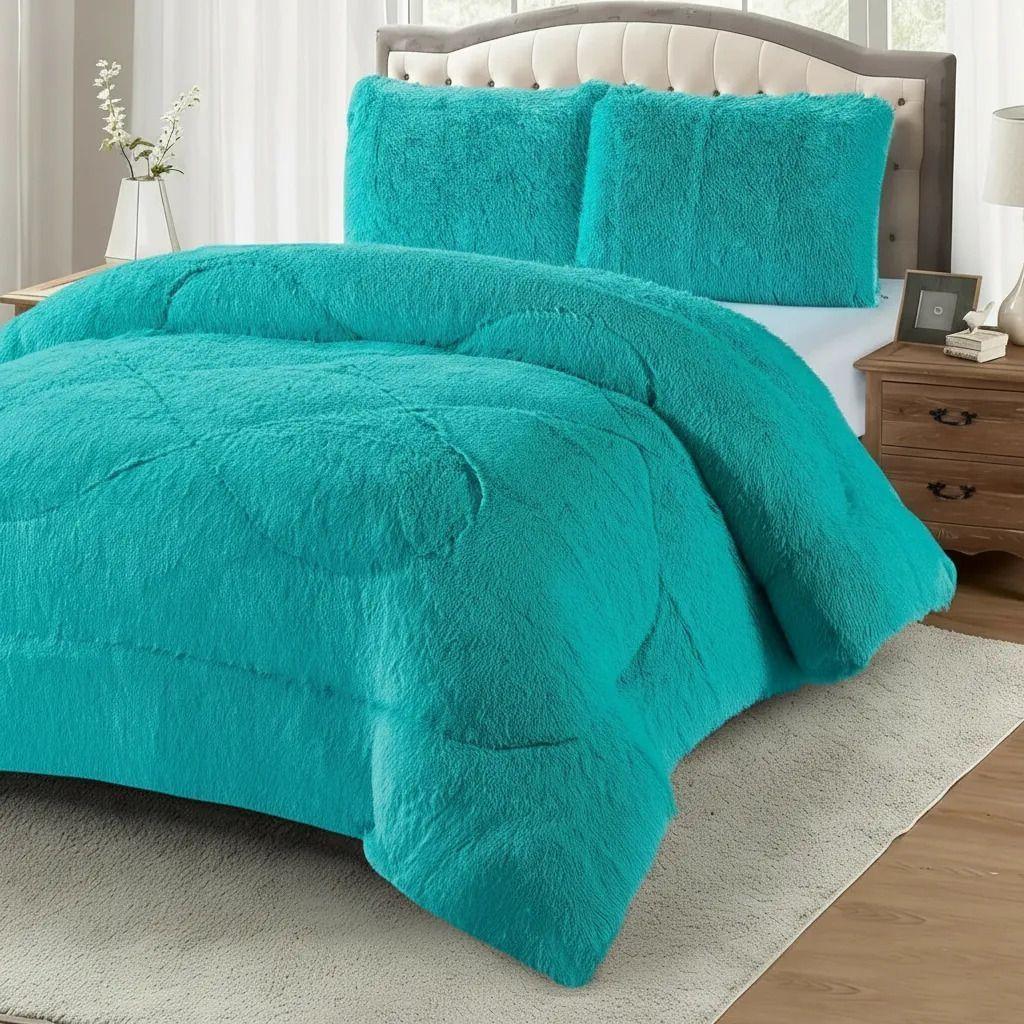 Plumon De Invierno Peludos Con Chiporro 2 Plazas Turquesa Claro Peludo-2