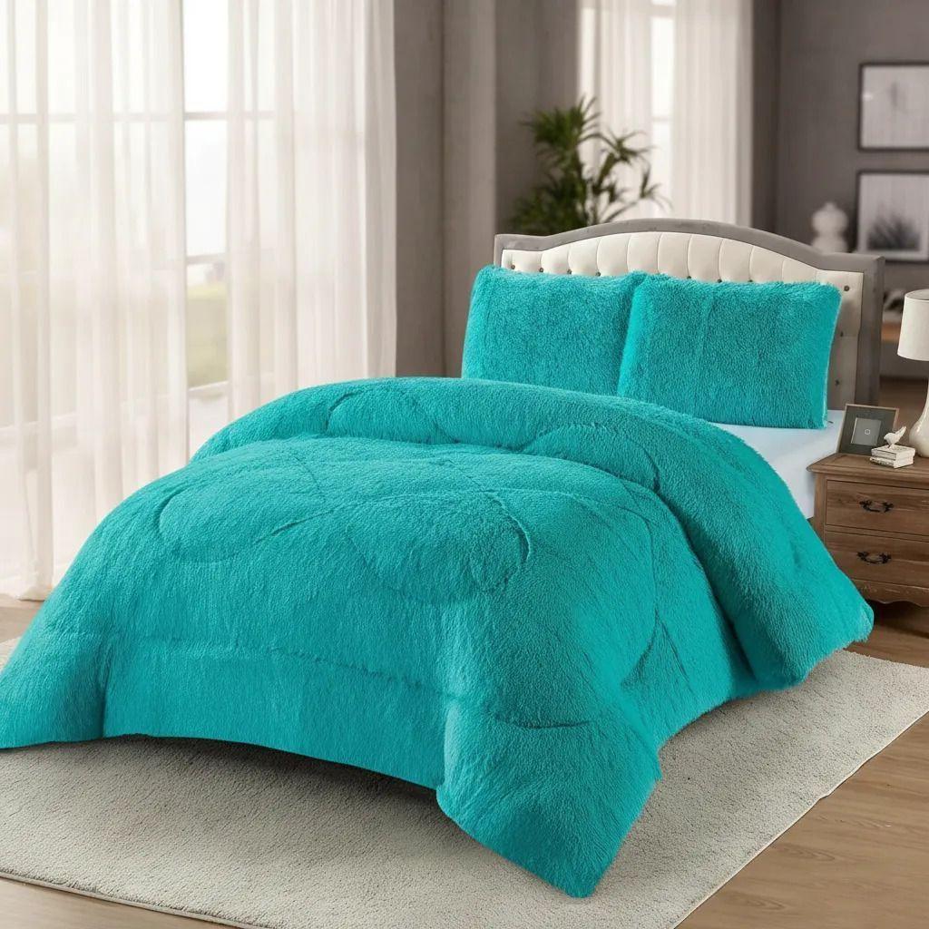 Plumon De Invierno Peludos Con Chiporro 2 Plazas Turquesa Claro Peludo-3