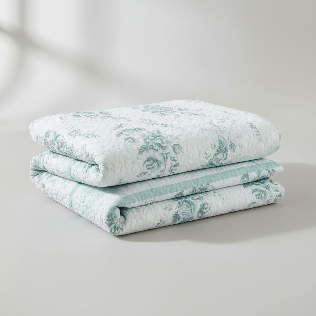 Cubrecama Quilt Sherpa 2pl - Varios Modelos W.m G Celeste Y Blanco Diseño Floral Celeste Vintage-2