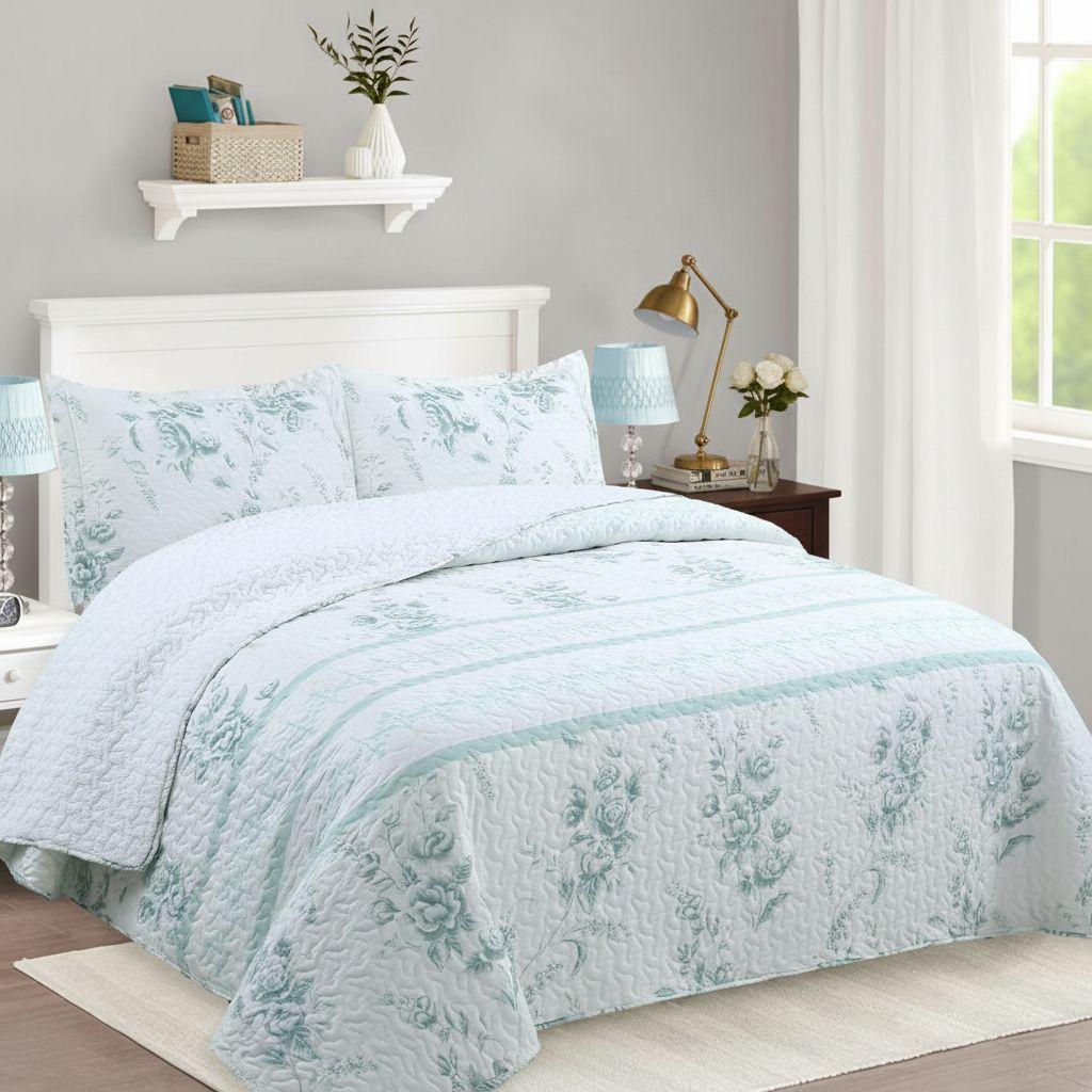Cubrecama Quilt Sherpa 2pl - Varios Modelos W.m G Celeste Y Blanco Diseño Floral Celeste Vintage-4