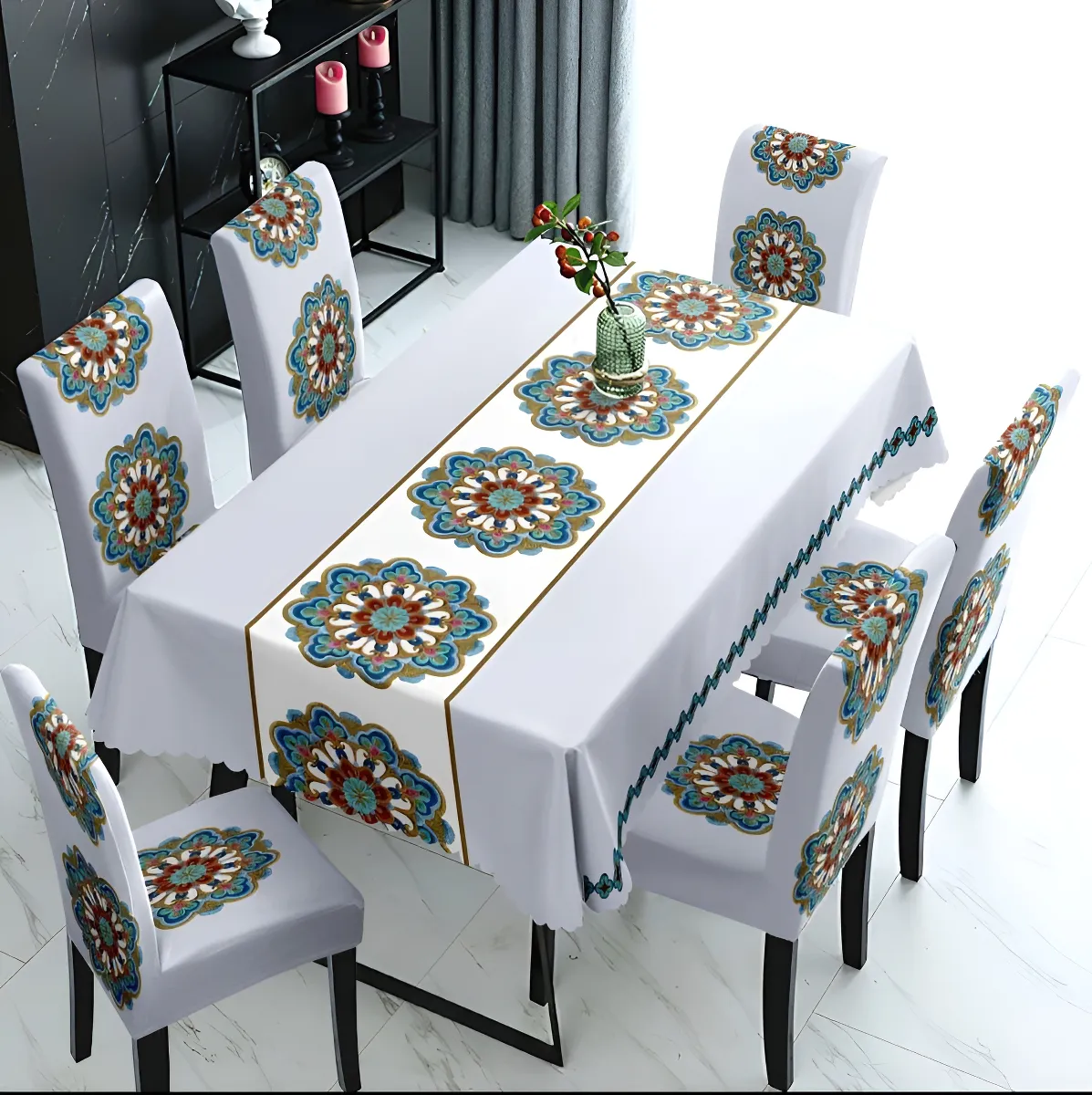 Mantel Rectangular 1.5x2.3 Mas 6 Fundas De Sillas W.m G Z Gris Claro Diseño-2