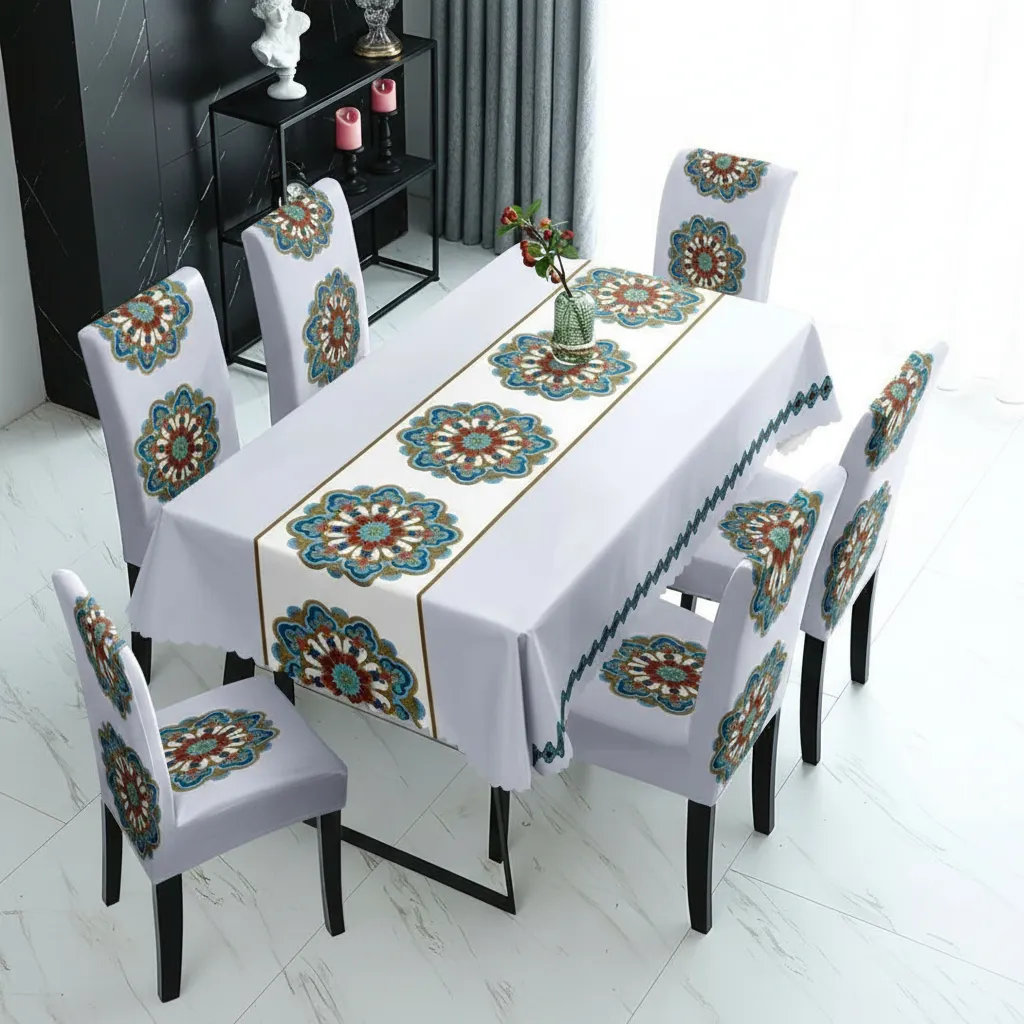 Mantel Rectangular 1.5x2.3 Mas 6 Fundas De Sillas W.m G Z Gris Claro Diseño-3