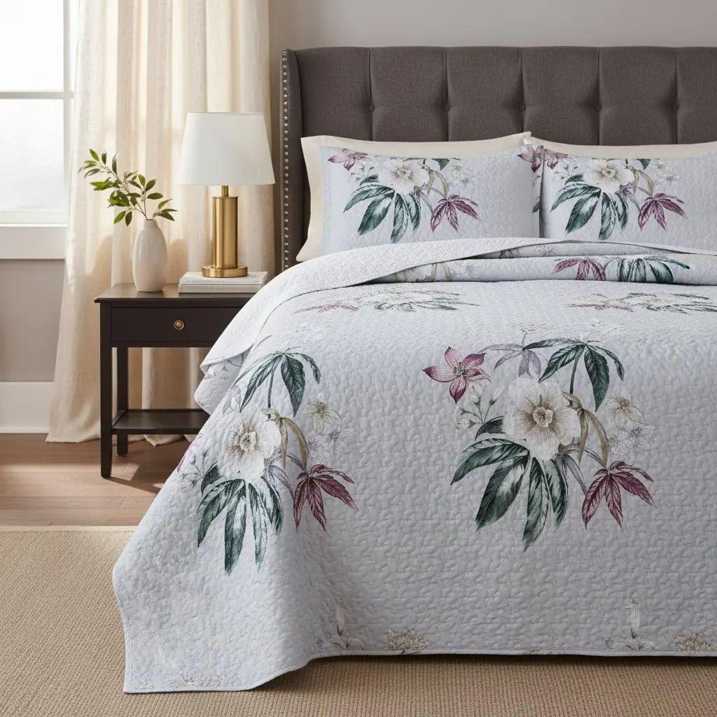 Cubrecama Quilt Sherpa 2pl  Verde Y Rosado Suave Floral Elegante Y Romántico-1