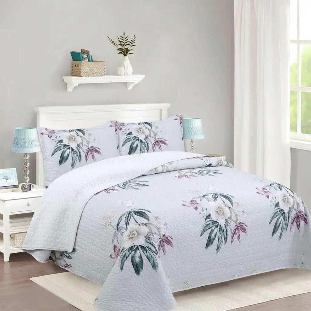 Cubrecama Quilt Sherpa 2pl  Verde Y Rosado Suave Floral Elegante Y Romántico-3