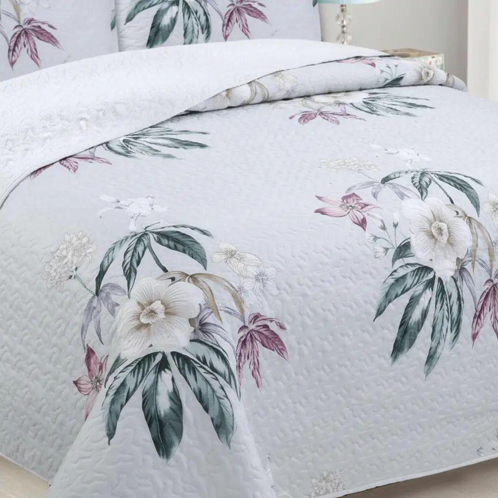 Cubrecama Quilt Sherpa 2pl  Verde Y Rosado Suave Floral Elegante Y Romántico-4