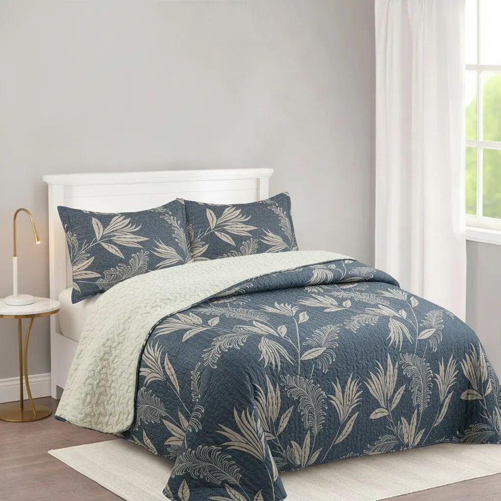 Cubrecama Quilt Sherpa 2pl - Varios Modelos W.m G Floral En Tonos Azul Y Beige Estampado Floral Elegante Y Moderno-1