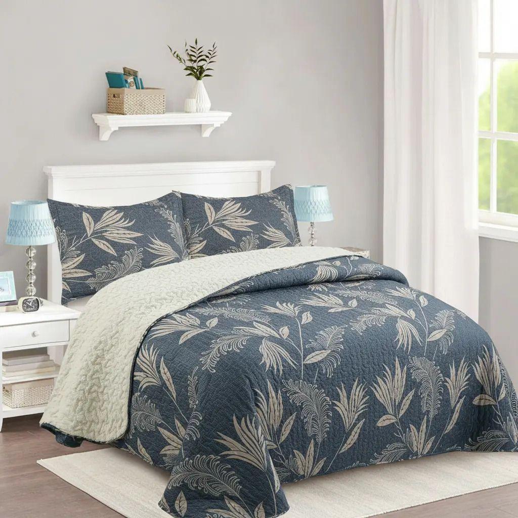 Cubrecama Quilt Sherpa 2pl - Varios Modelos W.m G Floral En Tonos Azul Y Beige Estampado Floral Elegante Y Moderno-2