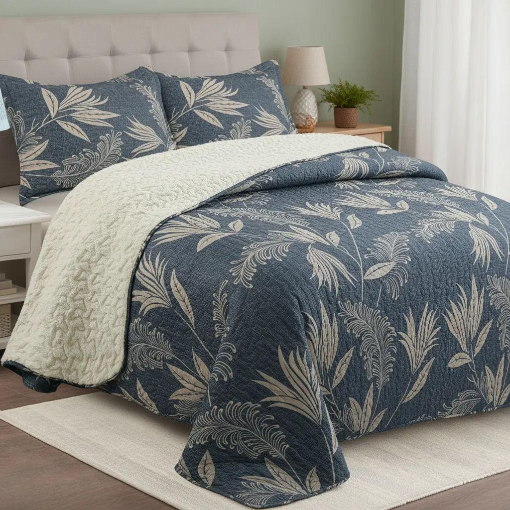 Cubrecama Quilt Sherpa 2pl - Varios Modelos W.m G Floral En Tonos Azul Y Beige Estampado Floral Elegante Y Moderno-3