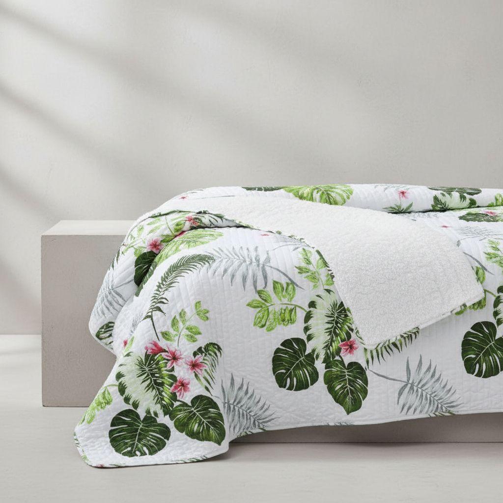 Cubrecama Quilt Sherpa 1.5 - Varios Modelos W.m G Blanco Hojas Verde-3