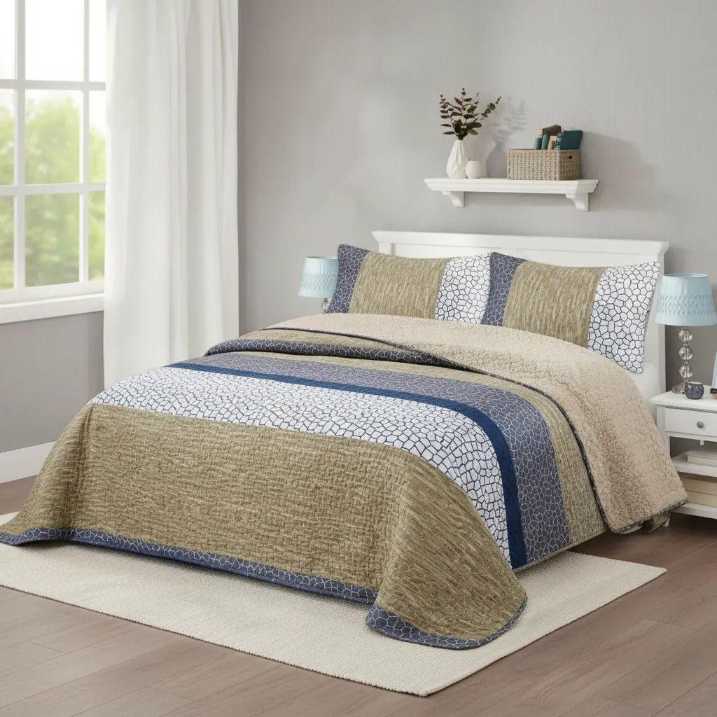 Cubrecama Quilt Sherpa 1.5 - Varios Modelos W.m G Caqui Rayas-3