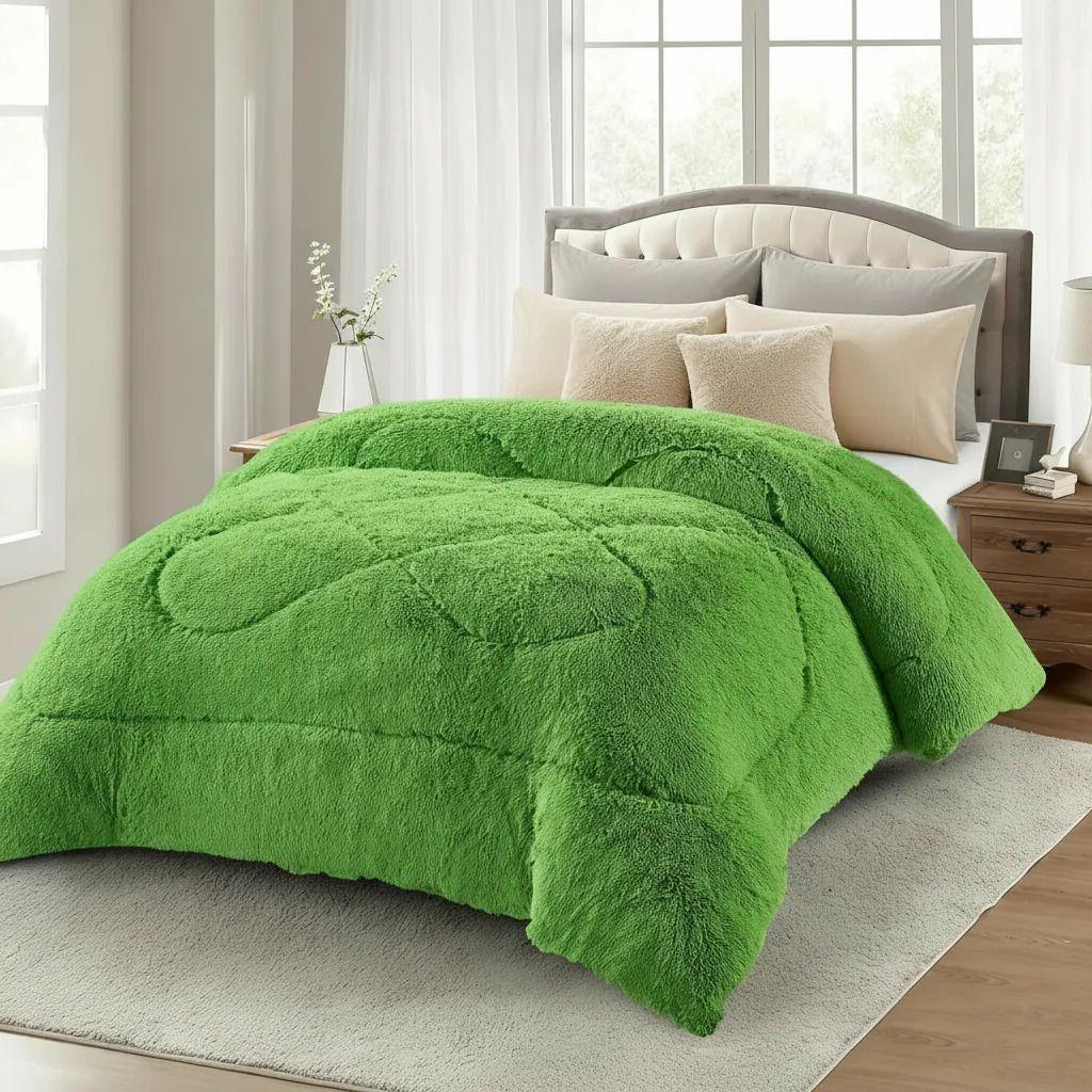 Plumon Pluch Para Colchón 2 Plazas Suave Y Cómoda Verde Peludo-2