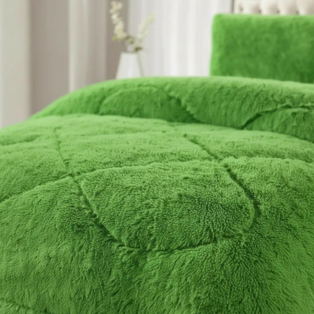 Plumon Pluch Para Colchón 2 Plazas Suave Y Cómoda Verde Peludo-3