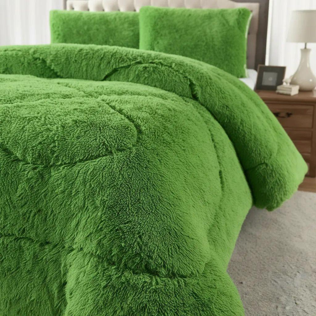 Plumon Pluch Para Colchón 2 Plazas Suave Y Cómoda Verde Peludo-5