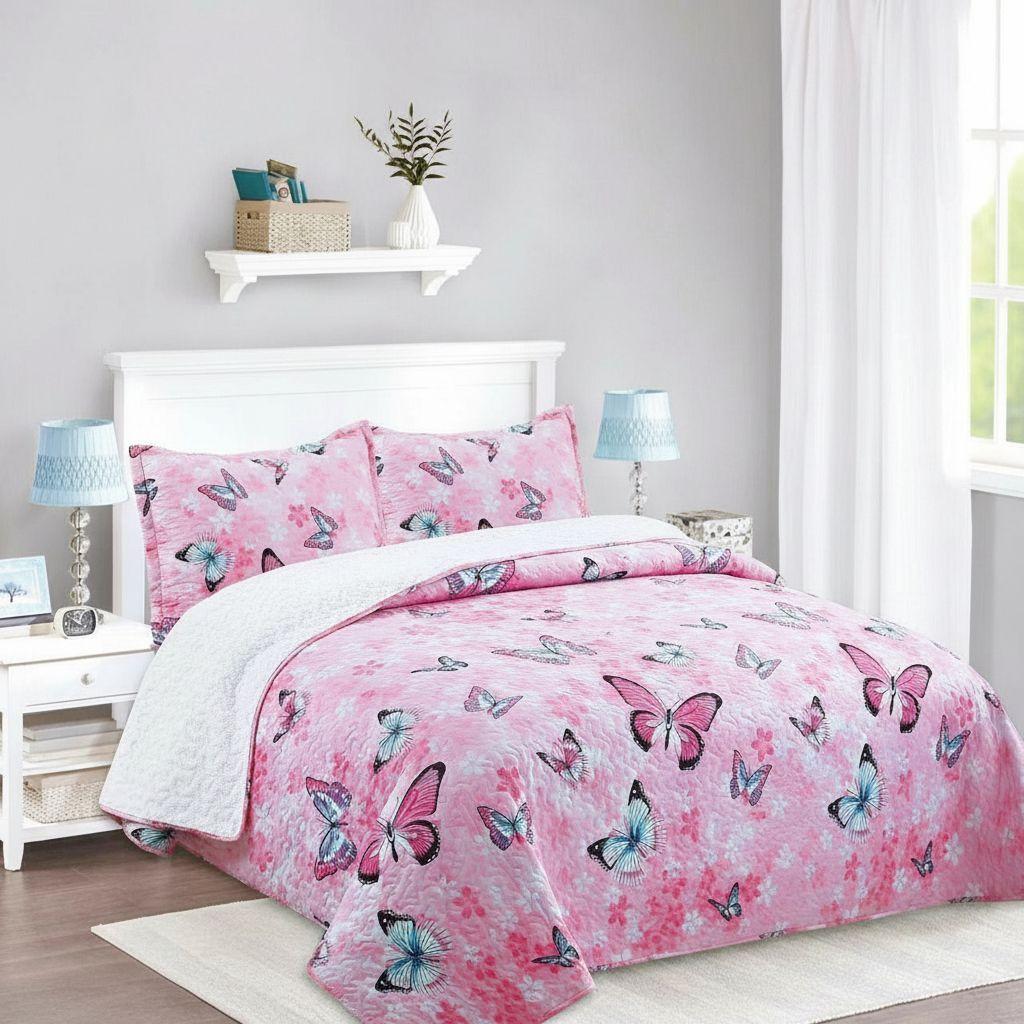 Cubrecama Quilt Sherpa 1.5 - Varios Modelos W.m G Rosado Mariposas En Tonos Rosados-2