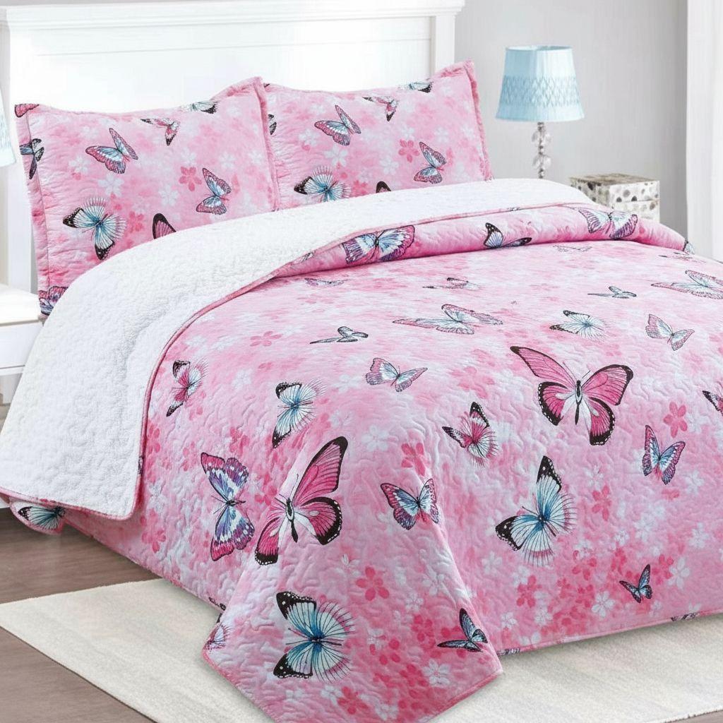 Cubrecama Quilt Sherpa 1.5 - Varios Modelos W.m G Rosado Mariposas En Tonos Rosados-3