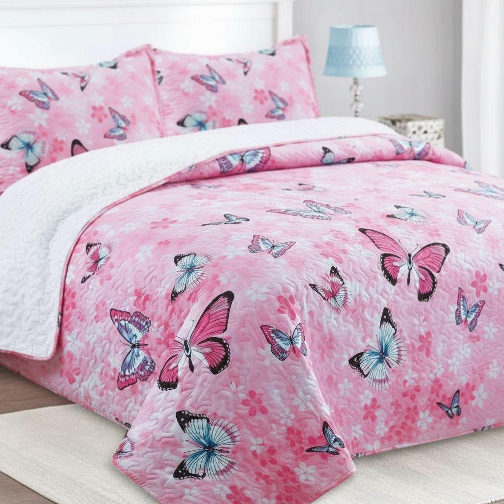 Cubrecama Quilt Sherpa 1.5 - Varios Modelos W.m G Rosado Mariposas En Tonos Rosados-4