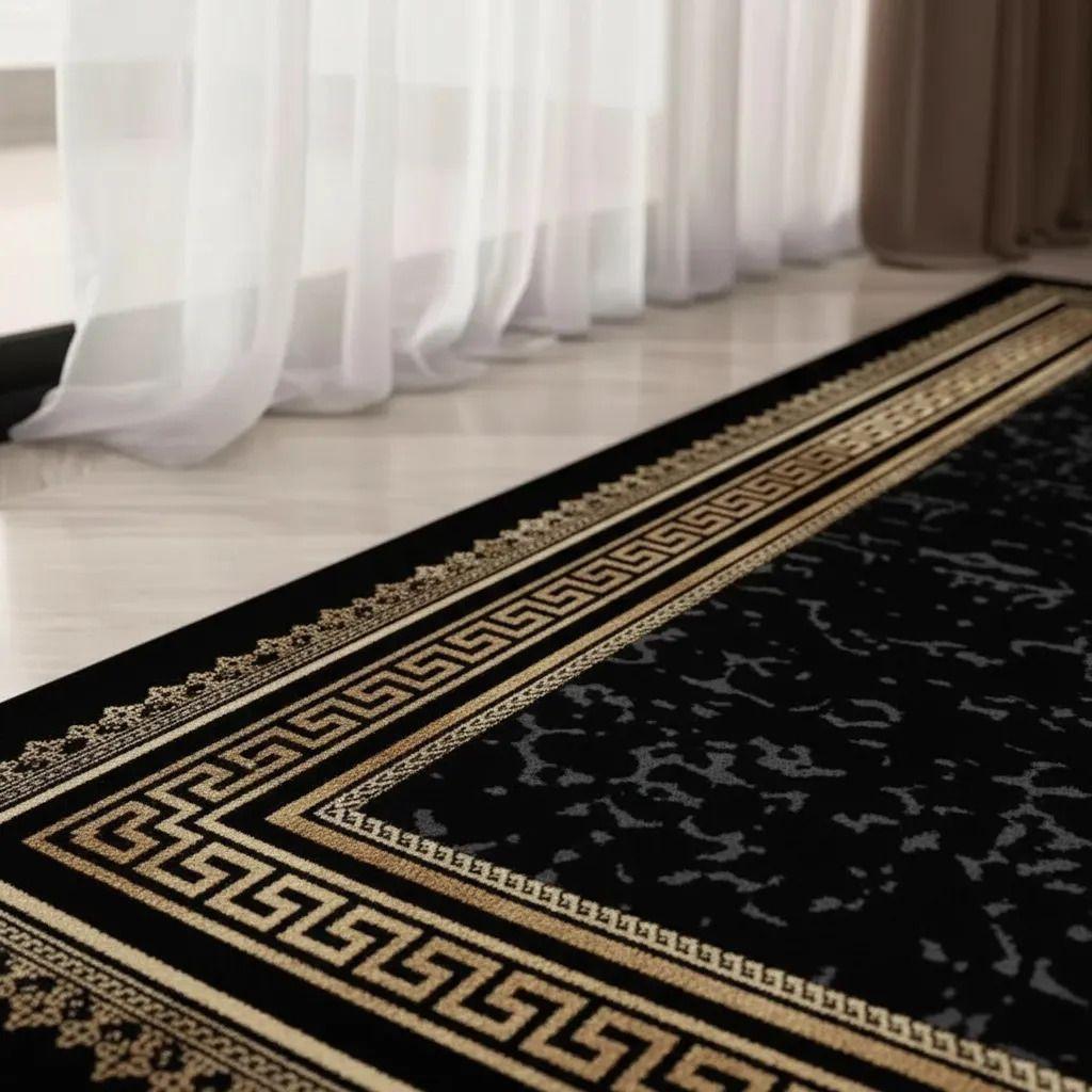 Alfombra Pasillera 3d Decorativa W.m G Moderna 1.8 M 60 Cm Negro Con Beige-2