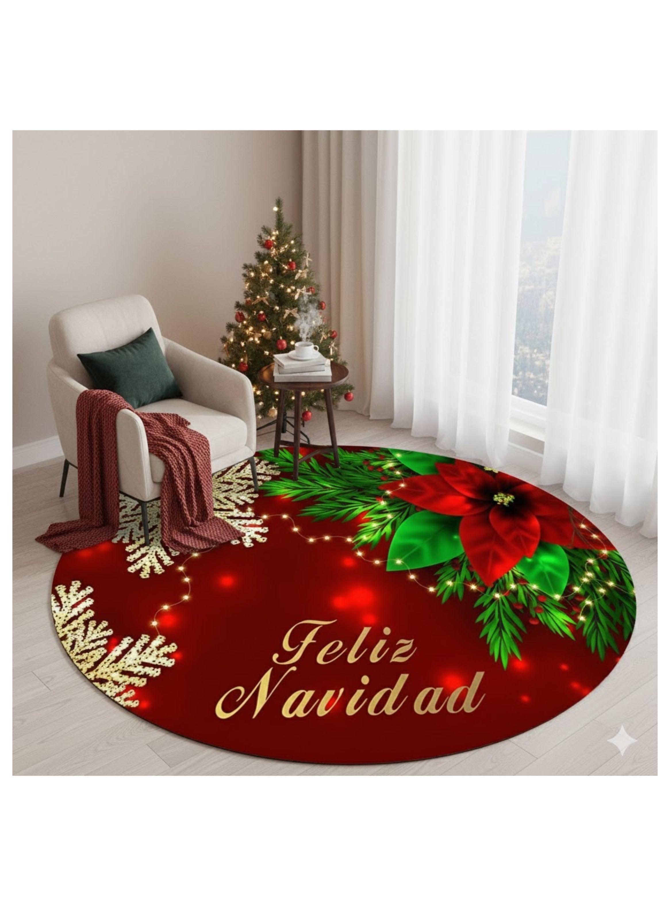 ALFOMBRA REDONDA NAVIDEÑA 90 CM FELIZ NAVIDAD FLOR GBEA -2