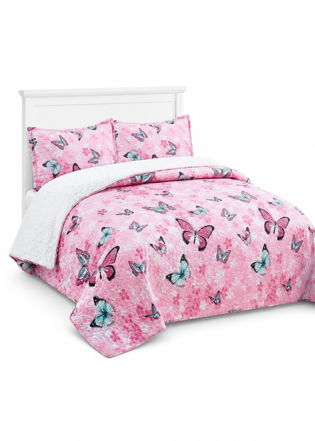 Cubrecama Quilt Sherpa 2pl  Rosa Celeste Y Negro Mariposas Multicolor-0