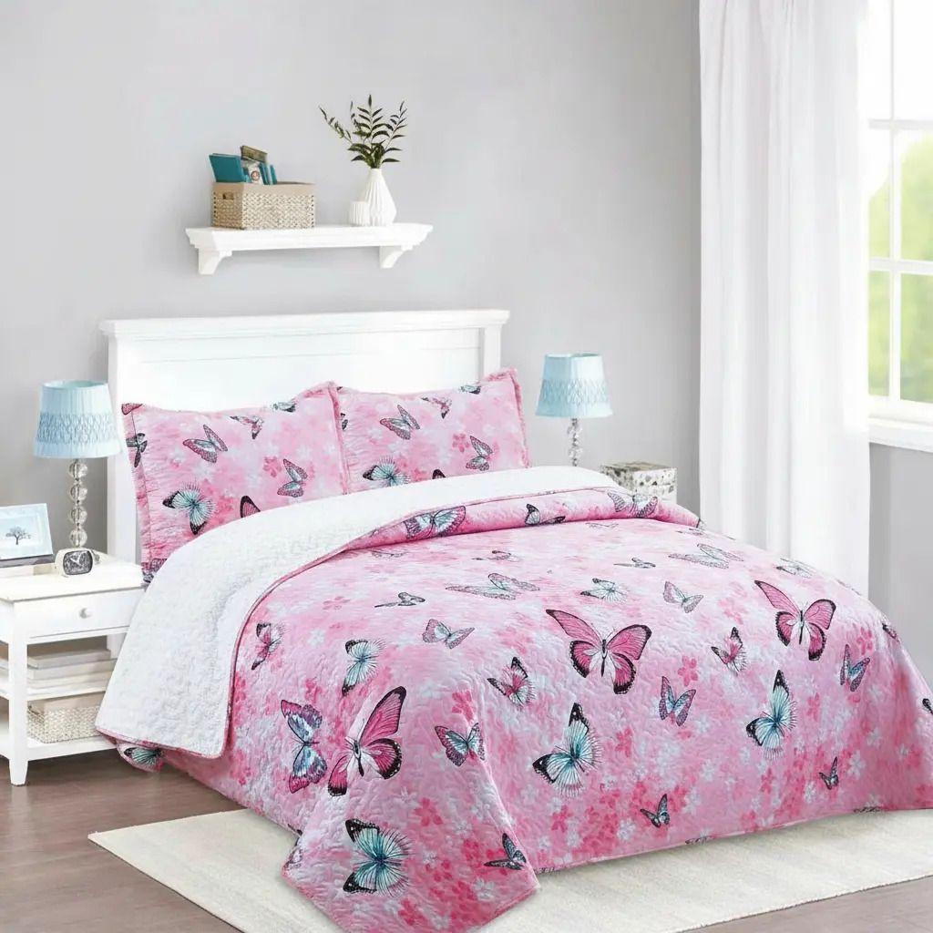 Cubrecama Quilt Sherpa 2pl  Rosa Celeste Y Negro Mariposas Multicolor-1