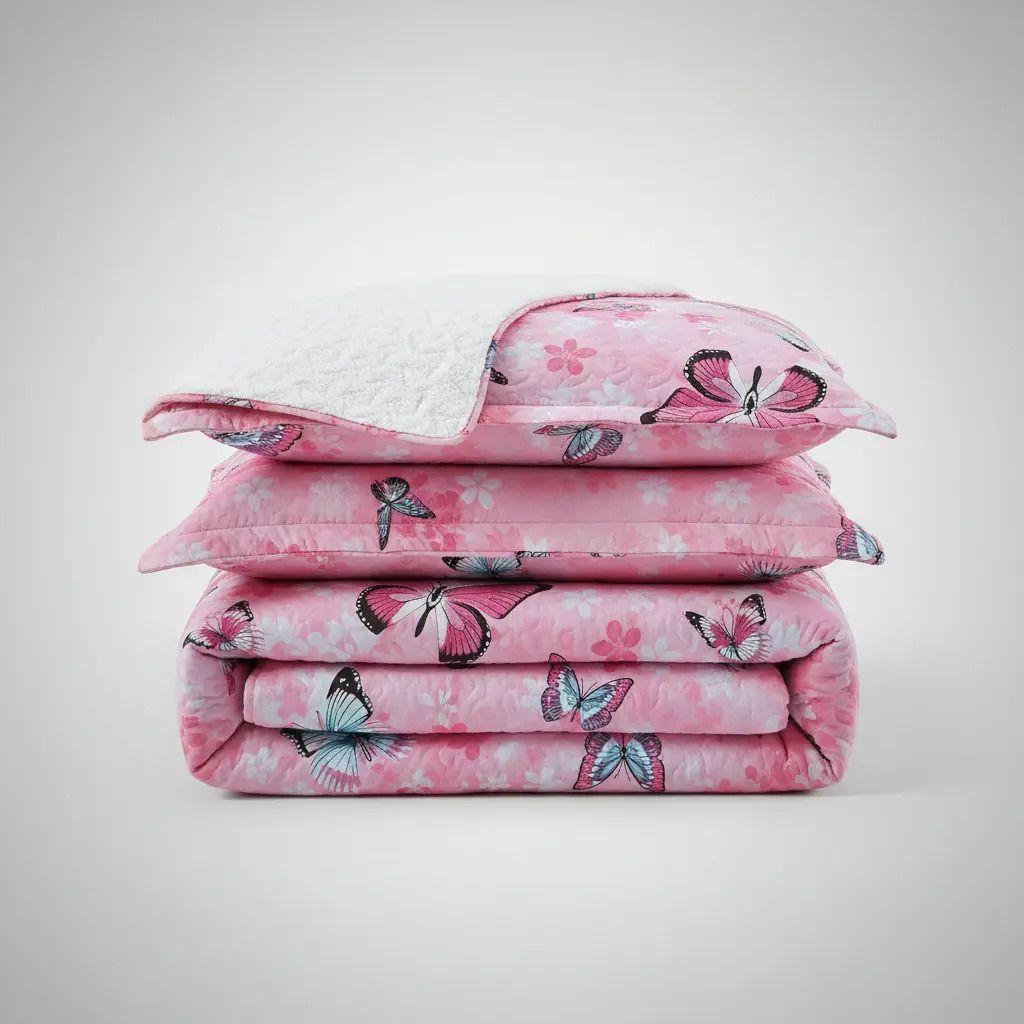 Cubrecama Quilt Sherpa 2pl  Rosa Celeste Y Negro Mariposas Multicolor-2