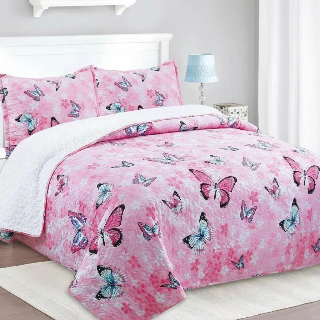 Cubrecama Quilt Sherpa 2pl  Rosa Celeste Y Negro Mariposas Multicolor-3