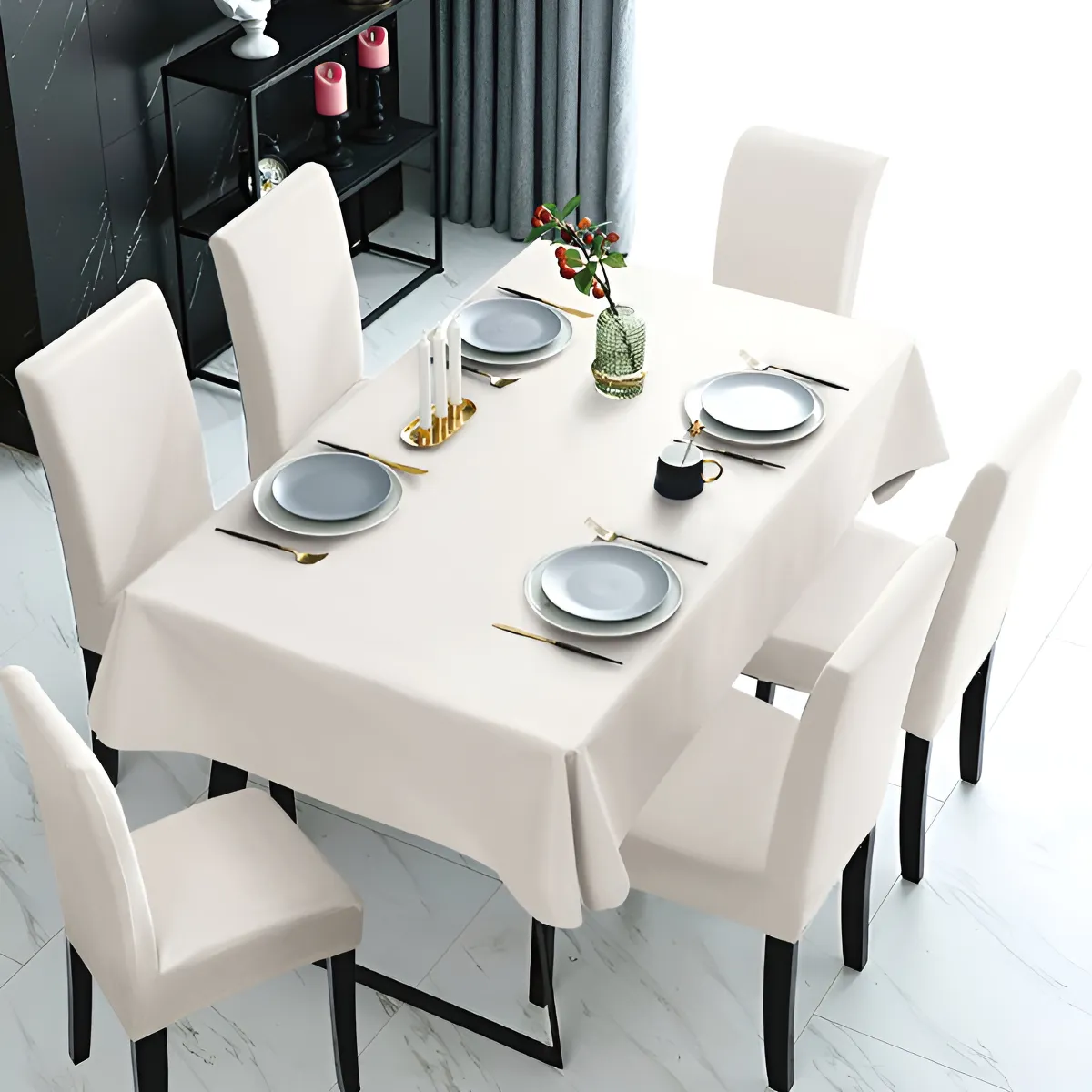 Mantel Rectangular 1.5x2.3 Mas 6 Fundas De Sillas W.m G Z Beige Liso-2