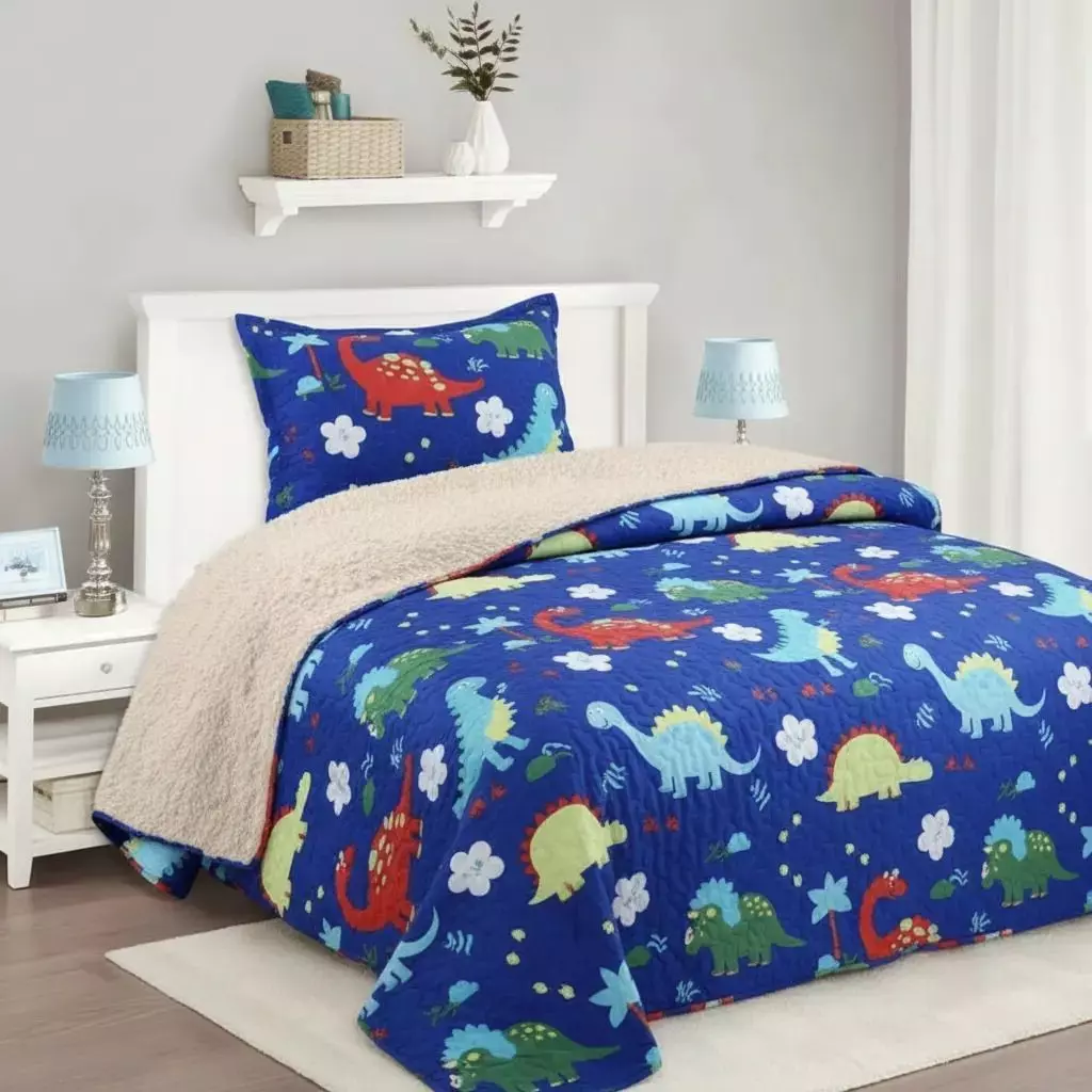 Cubrecama Quilt Sherpa 1.5 - Varios Modelos W.m G Azul Dinosaurio-2