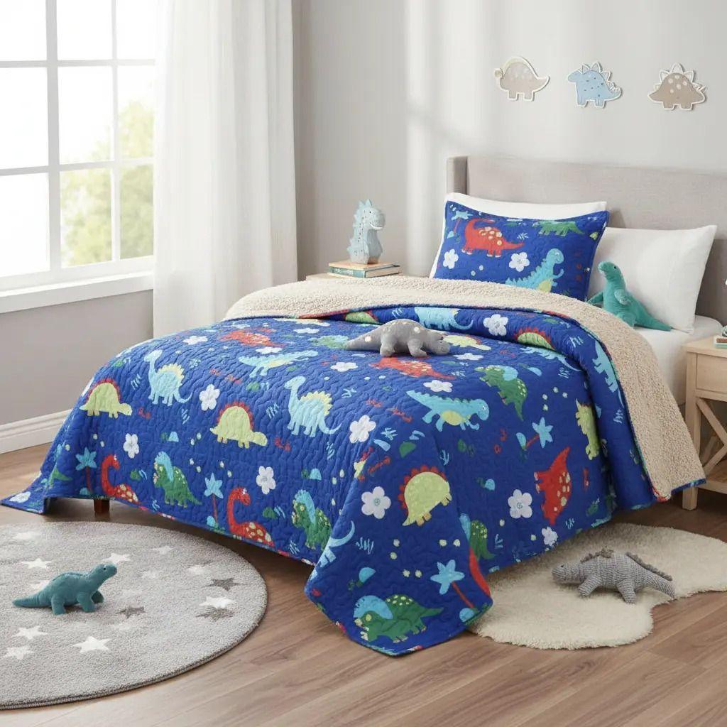Cubrecama Quilt Sherpa 1.5 - Varios Modelos W.m G Azul Dinosaurio-3