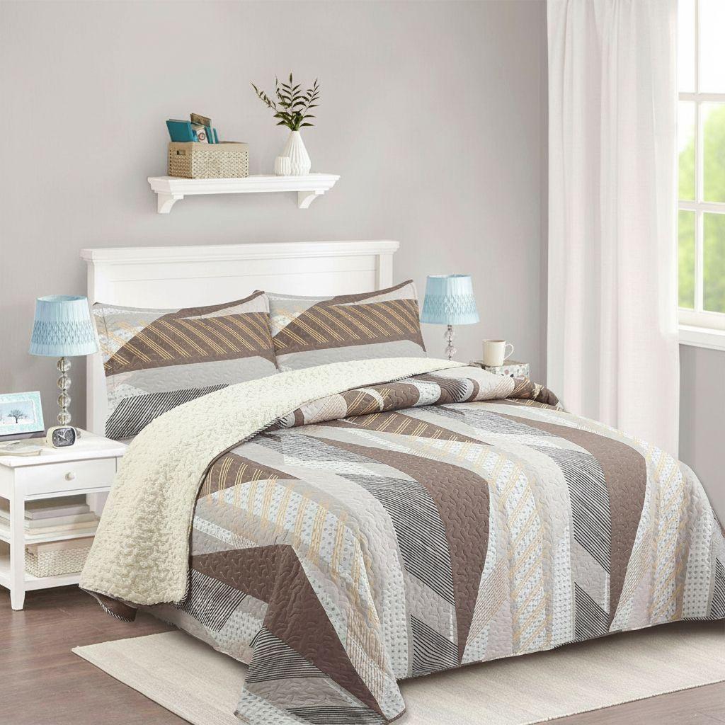 Cubrecama Quilt Sherpa 1.5 Plazas Cafe Con Ralla Café Rayas-2