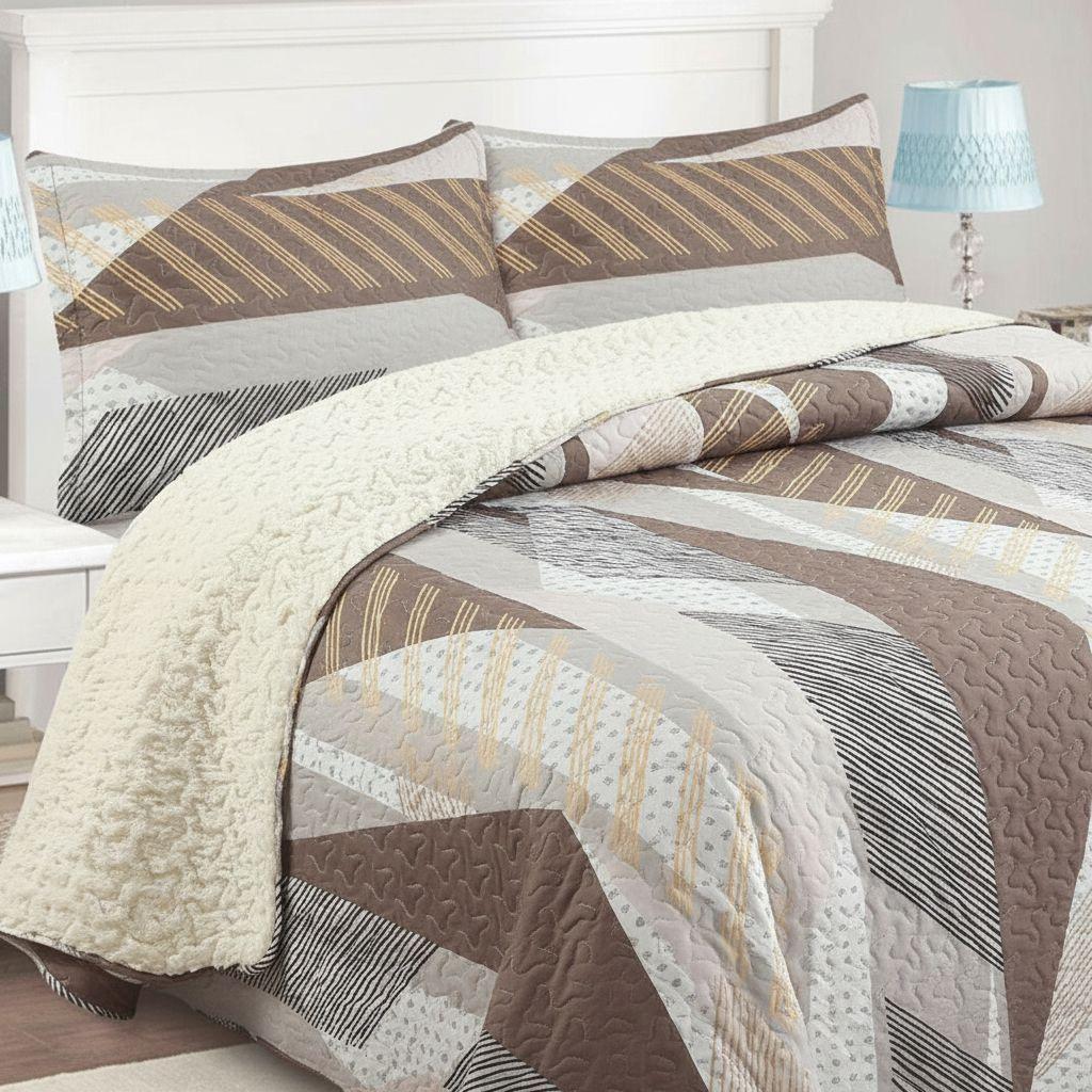 Cubrecama Quilt Sherpa 1.5 Plazas Cafe Con Ralla Café Rayas-4