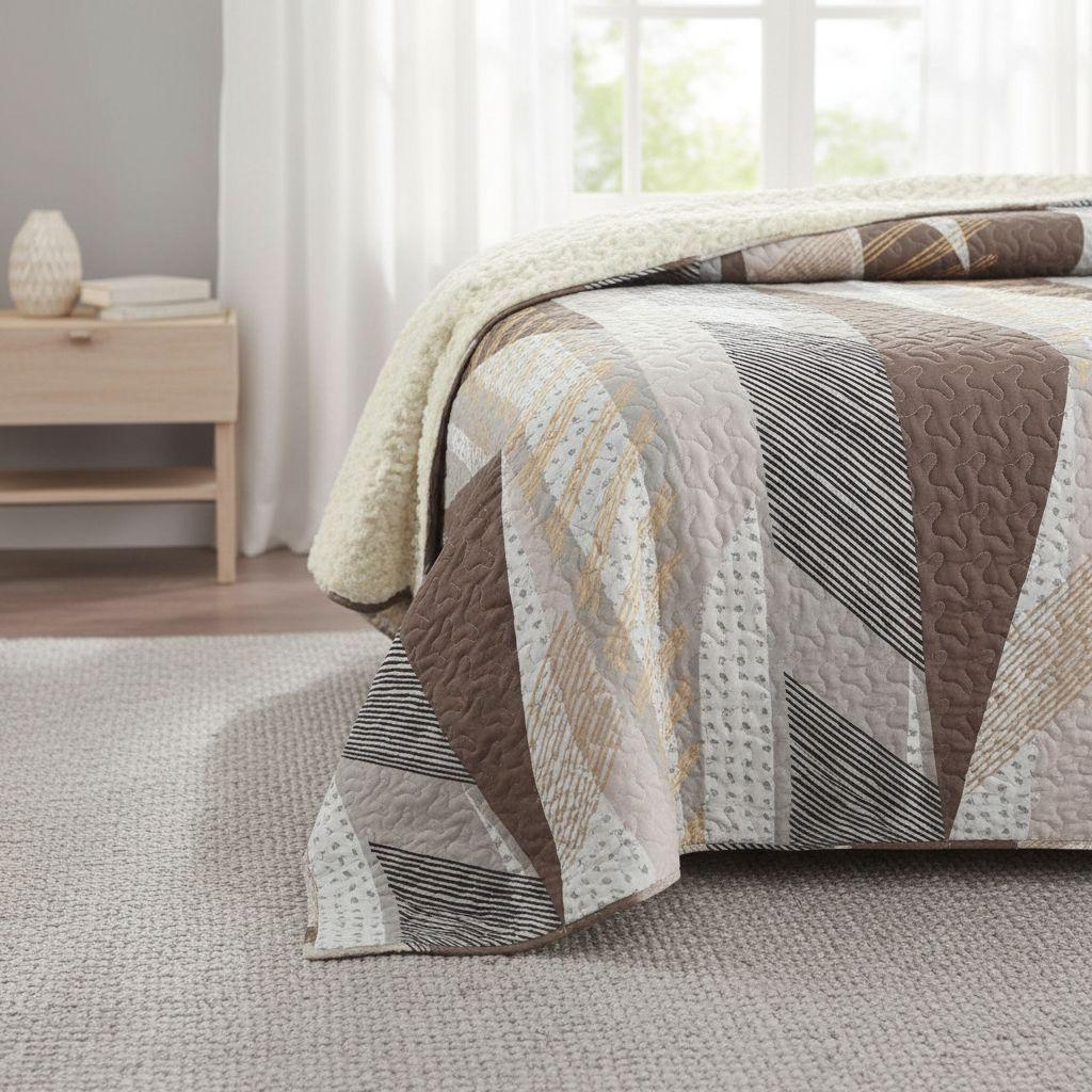 Cubrecama Quilt Sherpa 1.5 Plazas Cafe Con Ralla Café Rayas-5