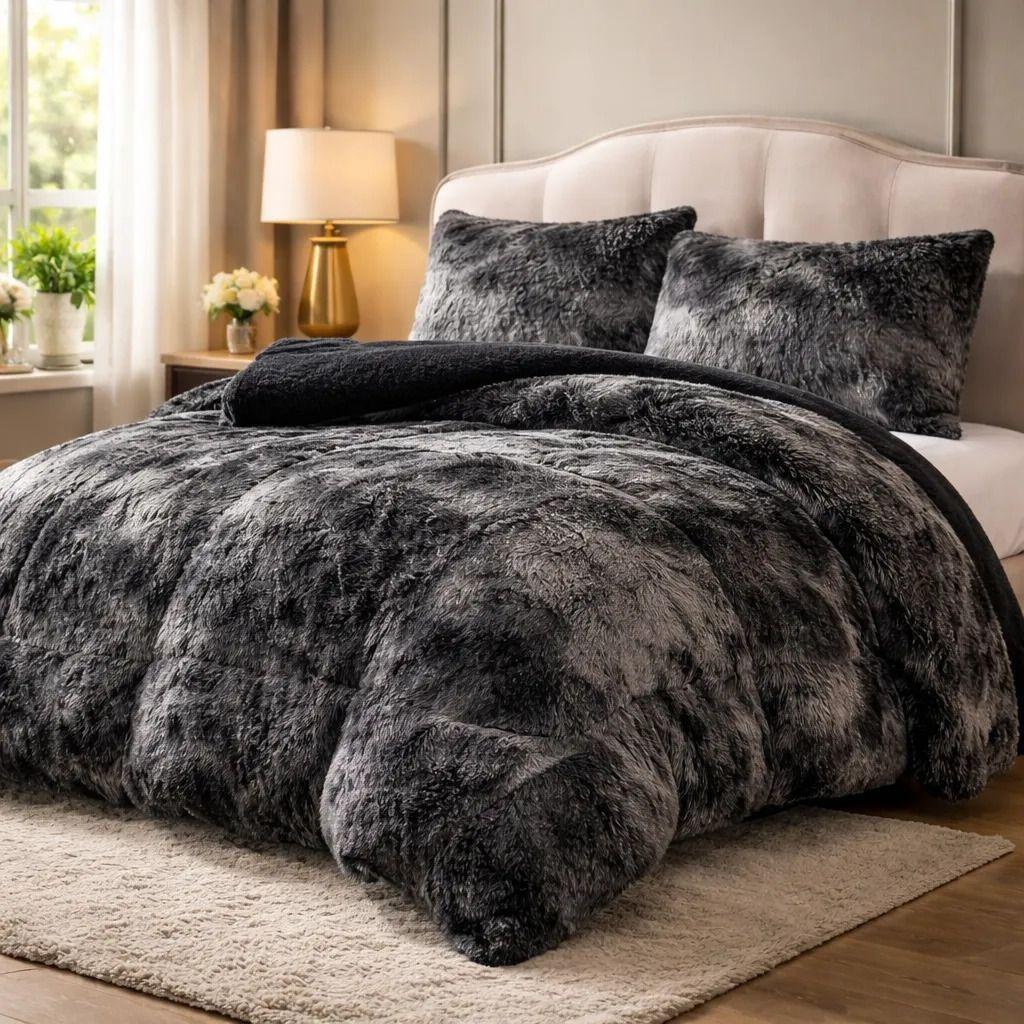 Plumon De Invierno Peludos Con Chiporro 2 Plazas Negro Jaspeado Peludo-2